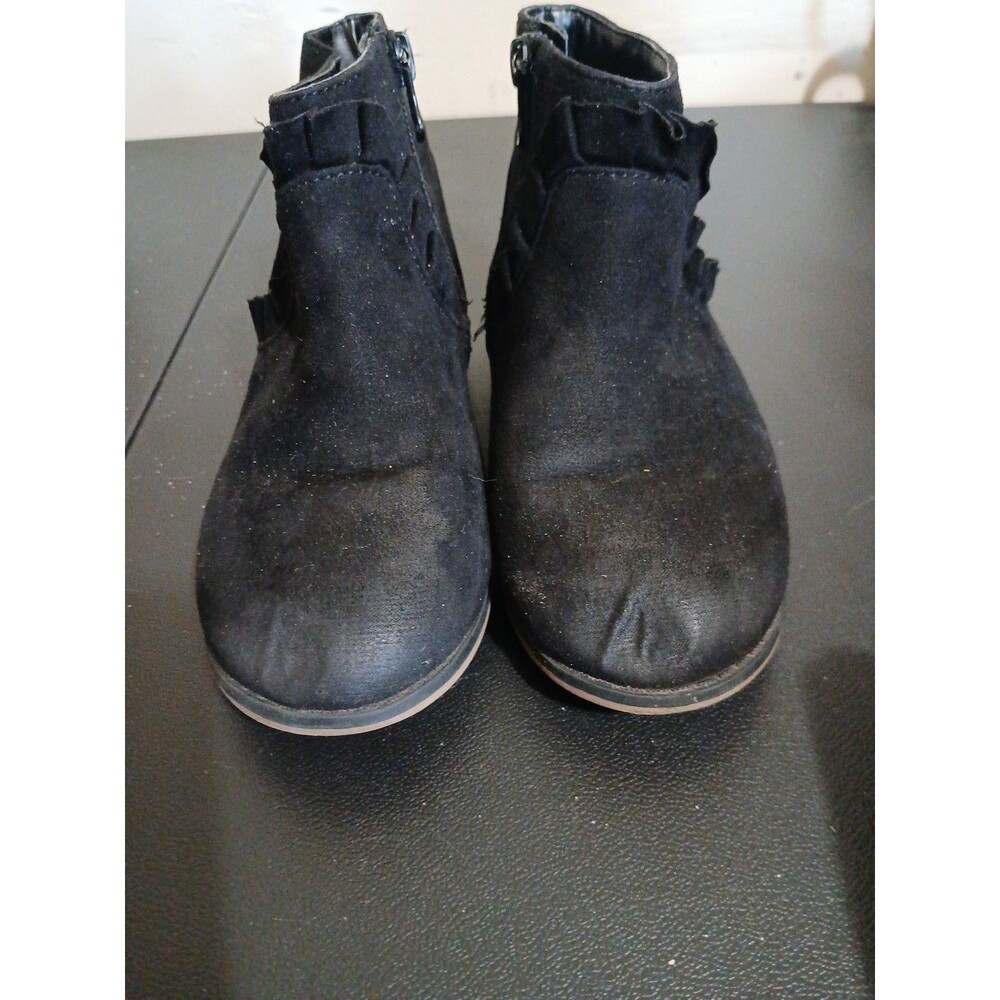 GIRLS CAT & JACK FAUX SUEDE SIDE-ZIP RUFFLE ACCENT ANKLE BOOTIES, Black BOOTS 12